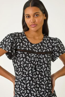 T-Shirts>Roman Black Floral Print Ladder Trim Top
