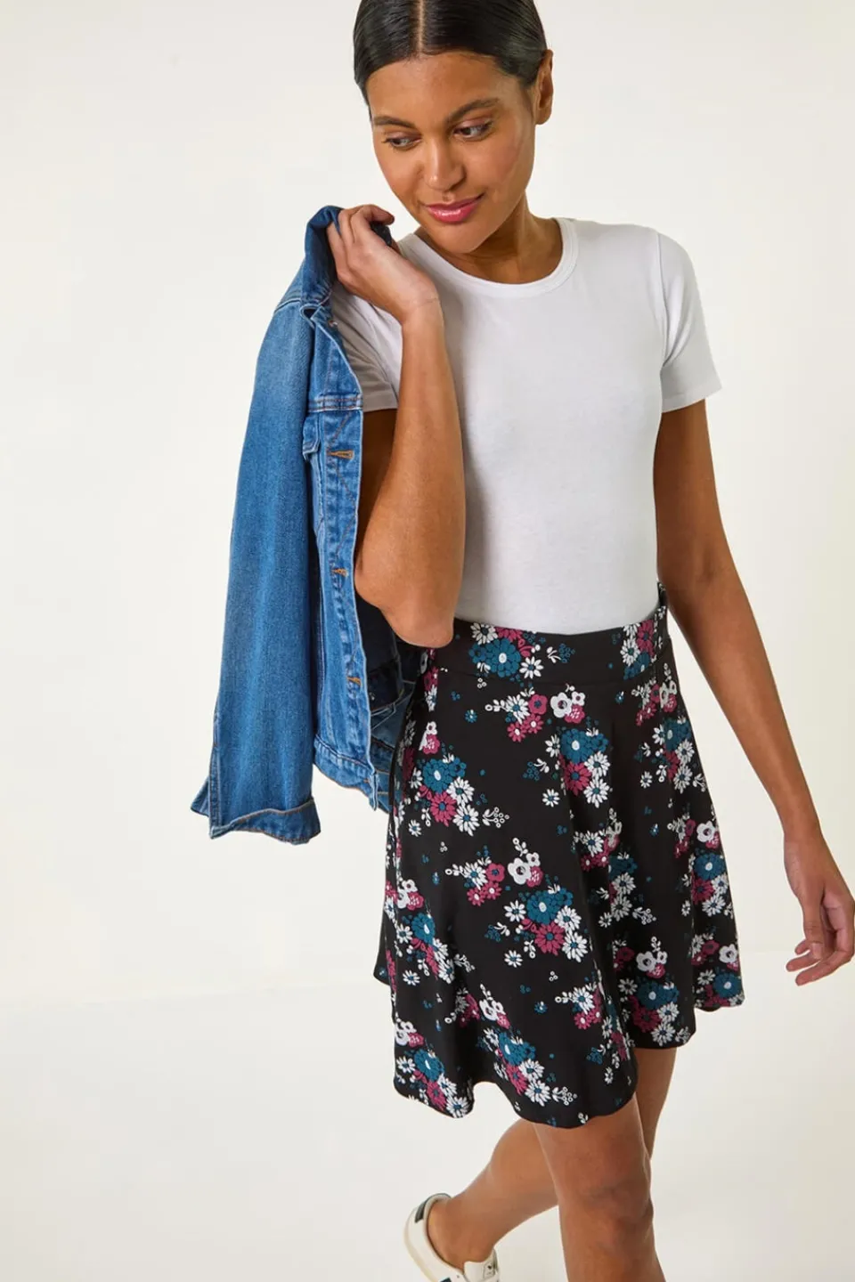 Skirts>Roman Black Floral Print Skater Stretch Skirt