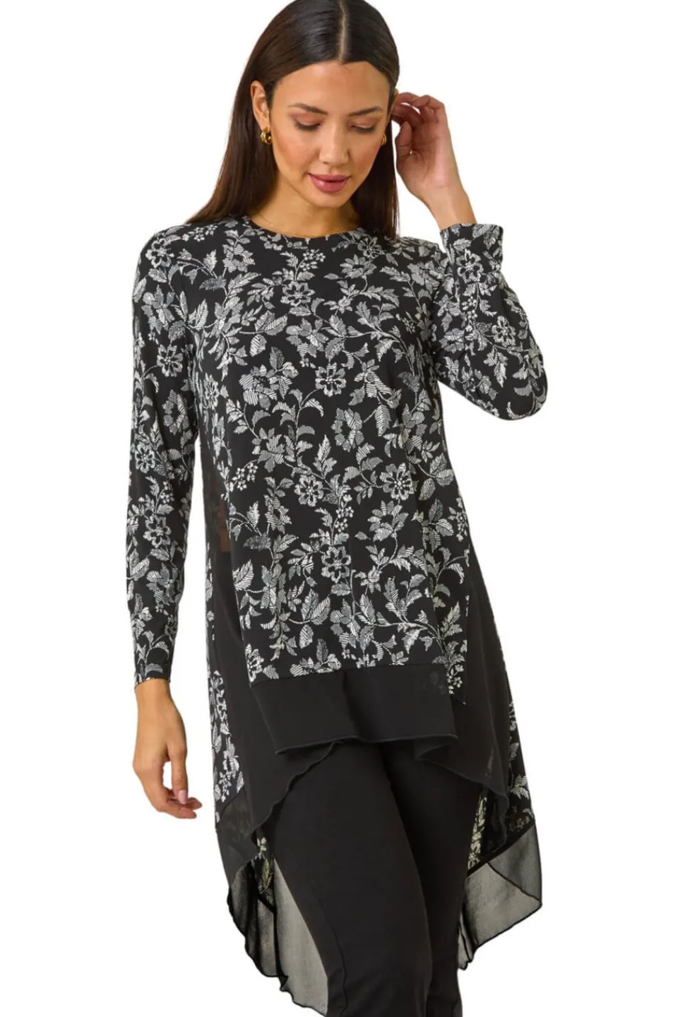 Tops>Roman Black Floral Puff Print Chiffon Hem Top