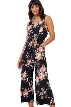Jumpsuits & Playsuits>Roman Black Floral Stretch Cropped Leg Jumpsuit