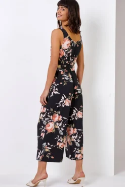 Jumpsuits & Playsuits>Roman Black Floral Stretch Cropped Leg Jumpsuit