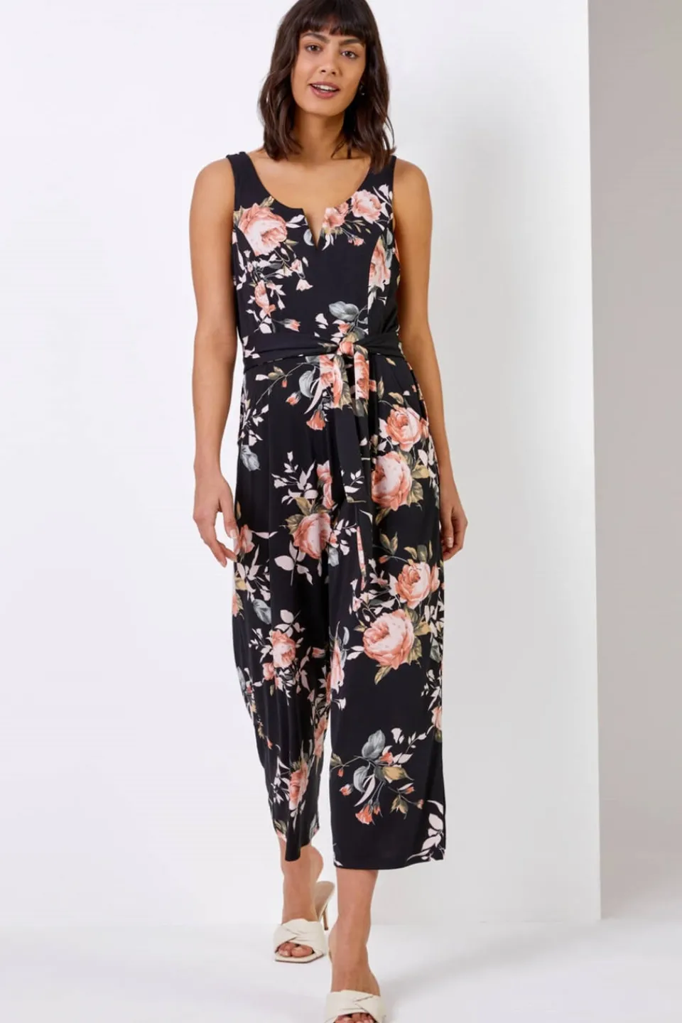 Jumpsuits & Playsuits>Roman Black Floral Stretch Cropped Leg Jumpsuit