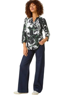Tops>Roman Black Floral Textured Print Shirt