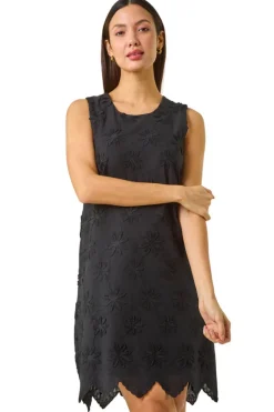 Dresses>Roman Black Flower Embroidered Shift Dress