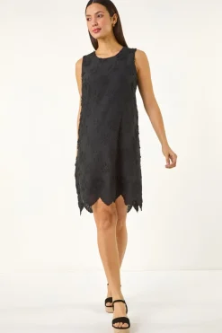 Dresses>Roman Black Flower Embroidered Shift Dress