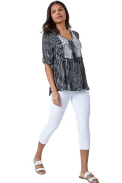 Tops>Roman Black Geometric Print Tassel Tie Smock Top