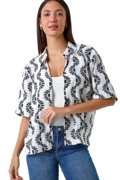 Tops>Roman Black Geometric Print Button Shirt