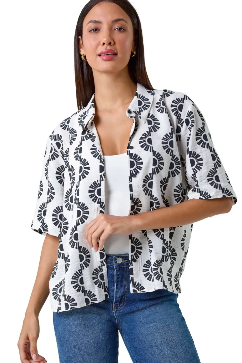 Tops>Roman Black Geometric Print Button Shirt