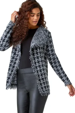 Tops>Roman Black Houndstooth Fringed Cardigan