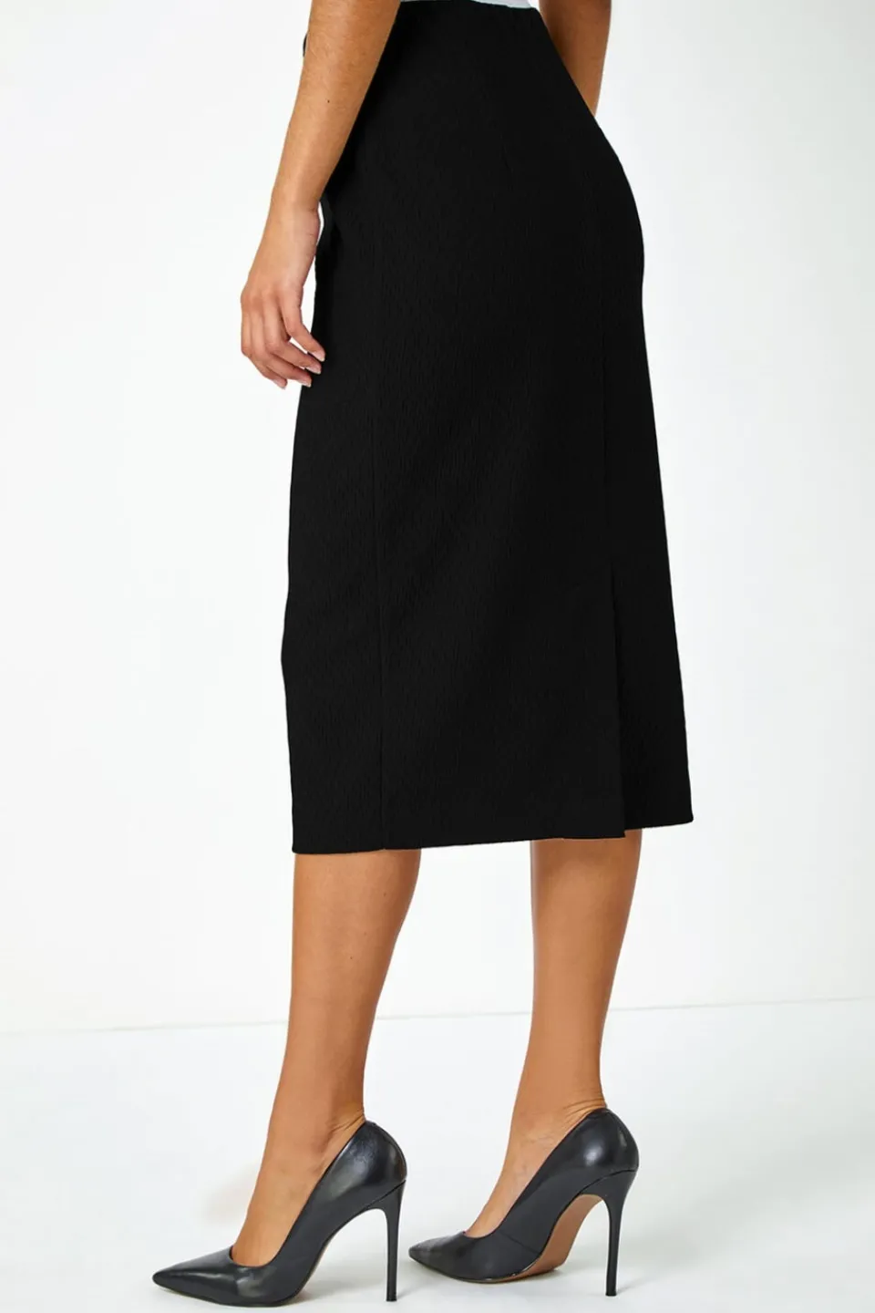 Skirts>Roman Black Jersey Textured Elastic Waist Pencil Skirt