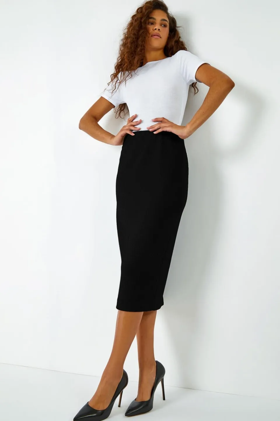 Skirts>Roman Black Jersey Textured Elastic Waist Pencil Skirt