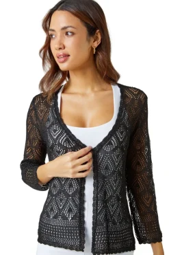 Tops>Roman Black Knitted Crochet Shimmer Shrug