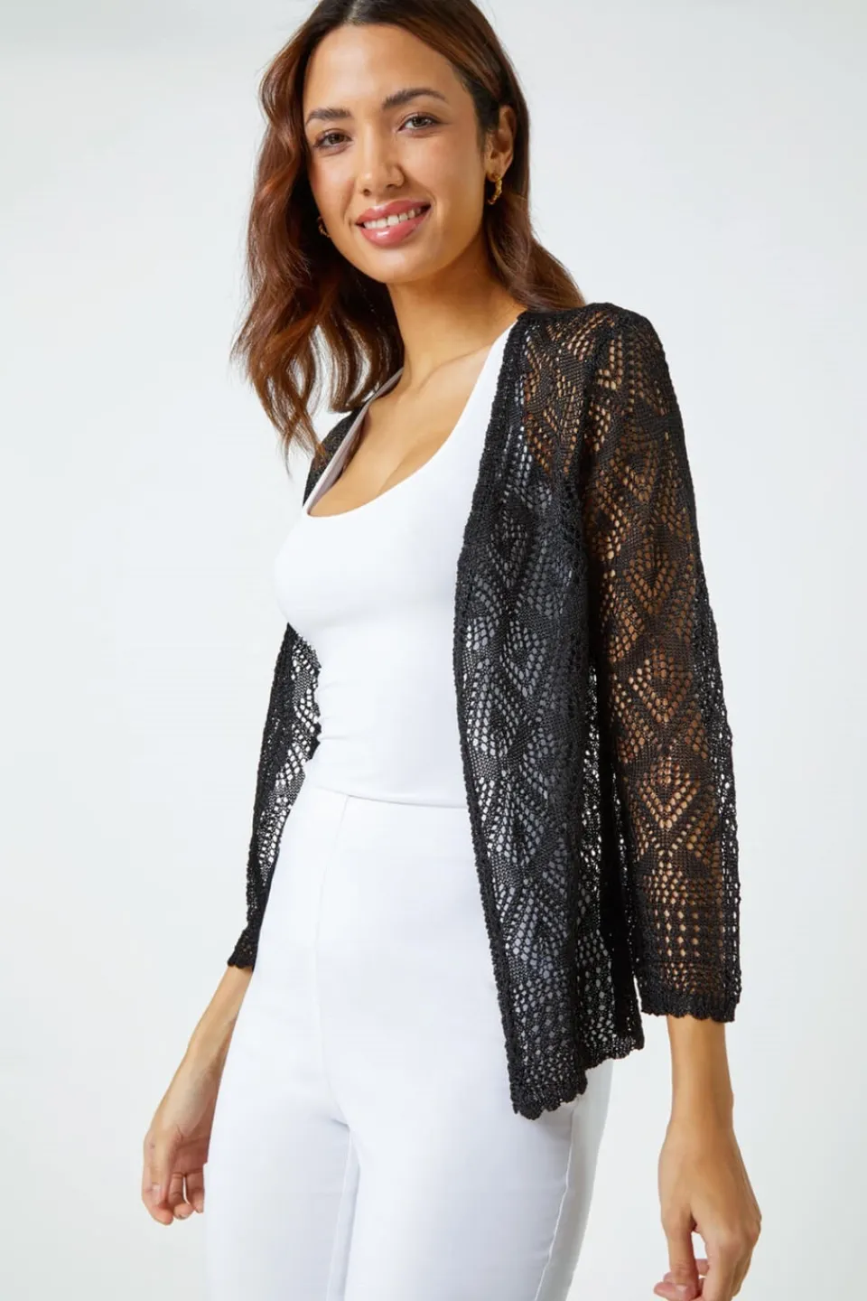 Tops>Roman Black Knitted Crochet Shimmer Shrug