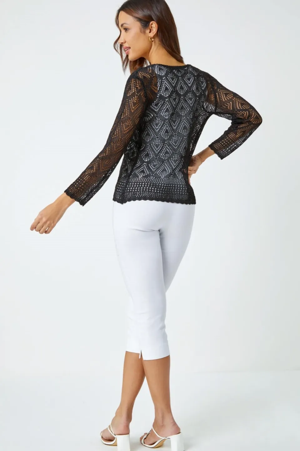 Tops>Roman Black Knitted Crochet Shimmer Shrug