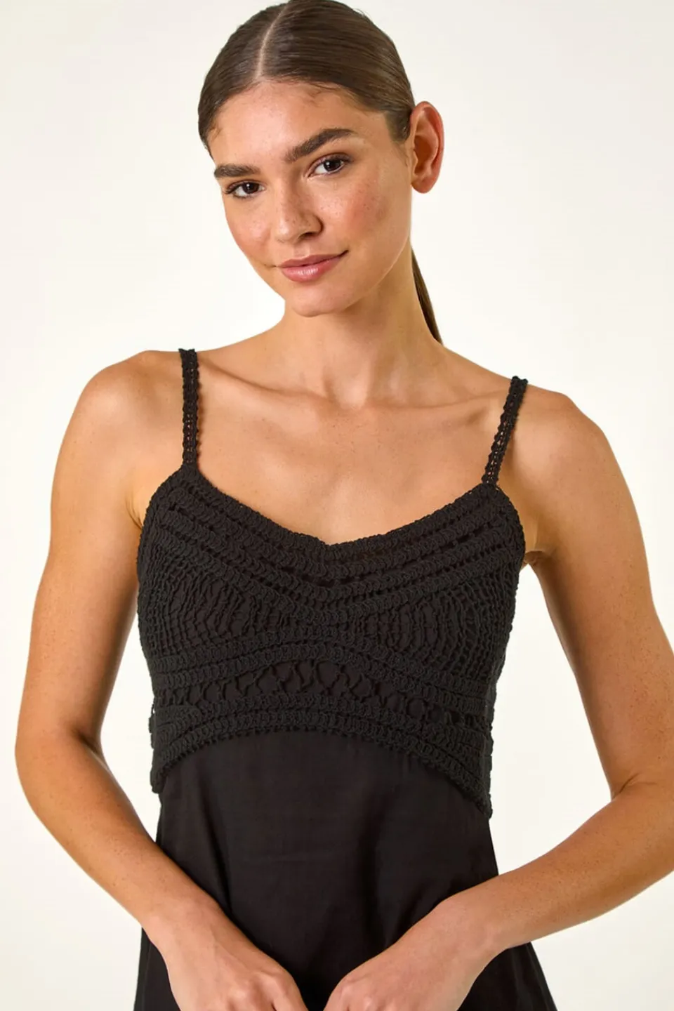 Dresses>Roman Black Lace Panel Strappy Midi Dress