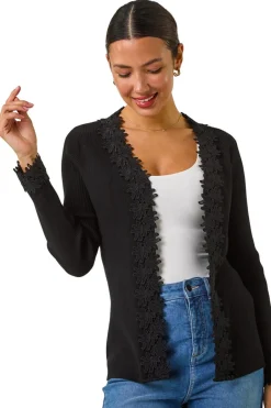 Tops>Roman Black Lace Trim Knit Cardigan
