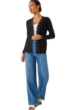 Tops>Roman Black Lace Trim Knit Cardigan