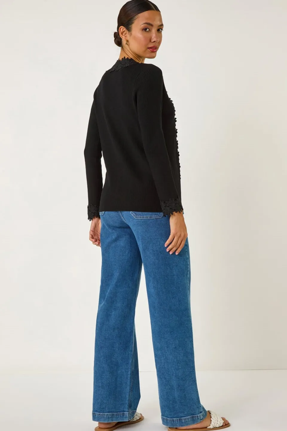 Tops>Roman Black Lace Trim Knit Cardigan
