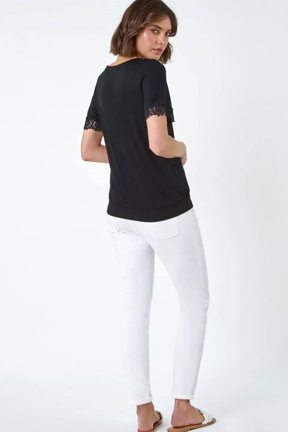 Tops>Roman Black Lace Trim Stretch Jersey T-Shirt