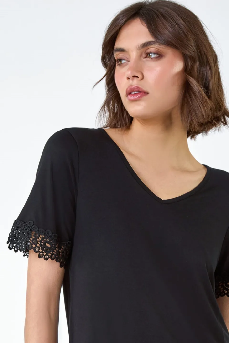Tops>Roman Black Lace Trim Stretch Jersey T-Shirt
