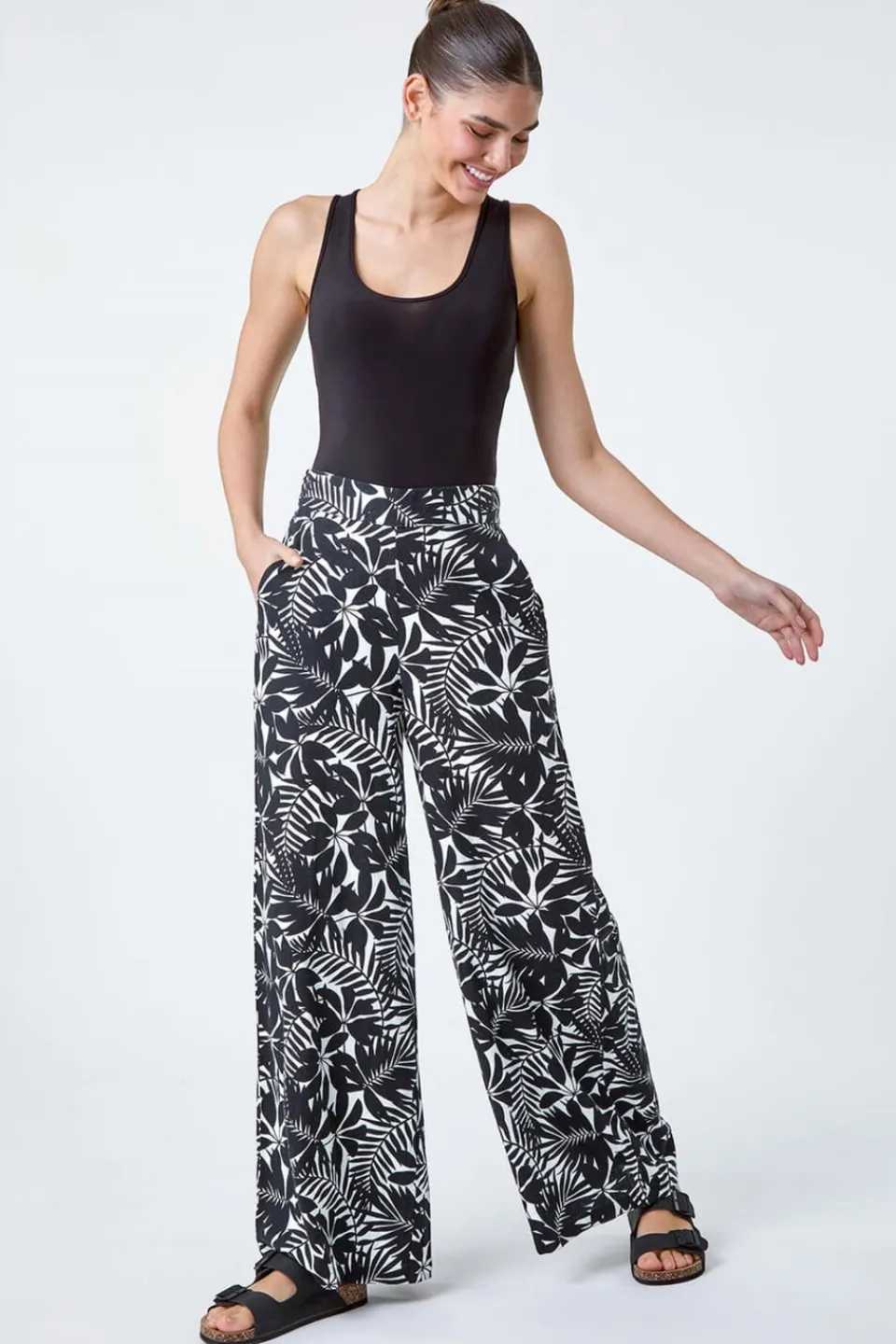 Trousers>Roman Black Leaf Linen Blend Wide Leg Trousers