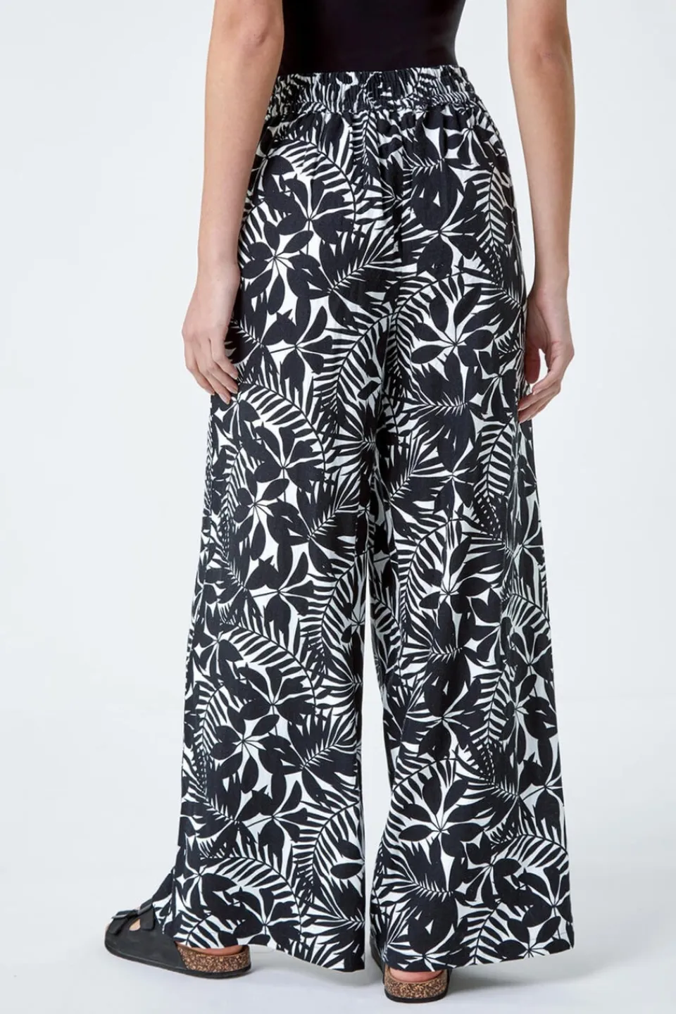 Trousers>Roman Black Leaf Linen Blend Wide Leg Trousers