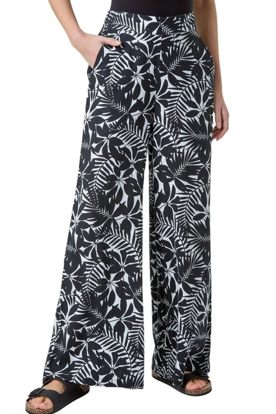 Trousers>Roman Black Leaf Linen Blend Wide Leg Trousers