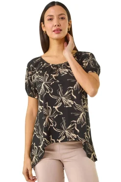 Tops>Roman Black Leaf Print Asymmetric Stretch Tunic Top