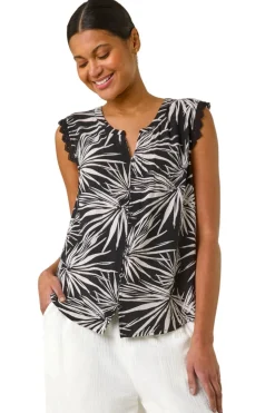 Tops>Roman Black Leaf Print Lace Detail Vest