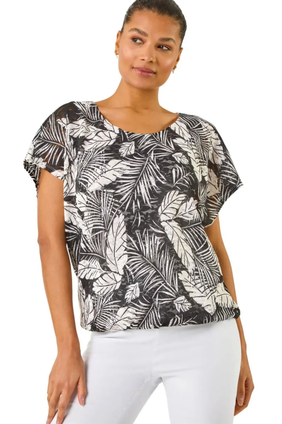 Tops>Roman Black Leaf Print Lace Bubble Hem Top