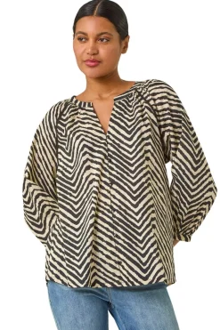 Blouses & Shirts>Roman Black Linear Print V-Neck Blouse