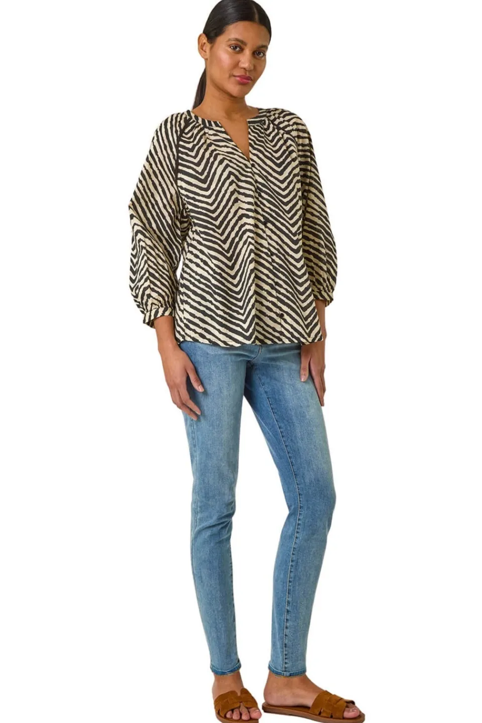 Blouses & Shirts>Roman Black Linear Print V-Neck Blouse