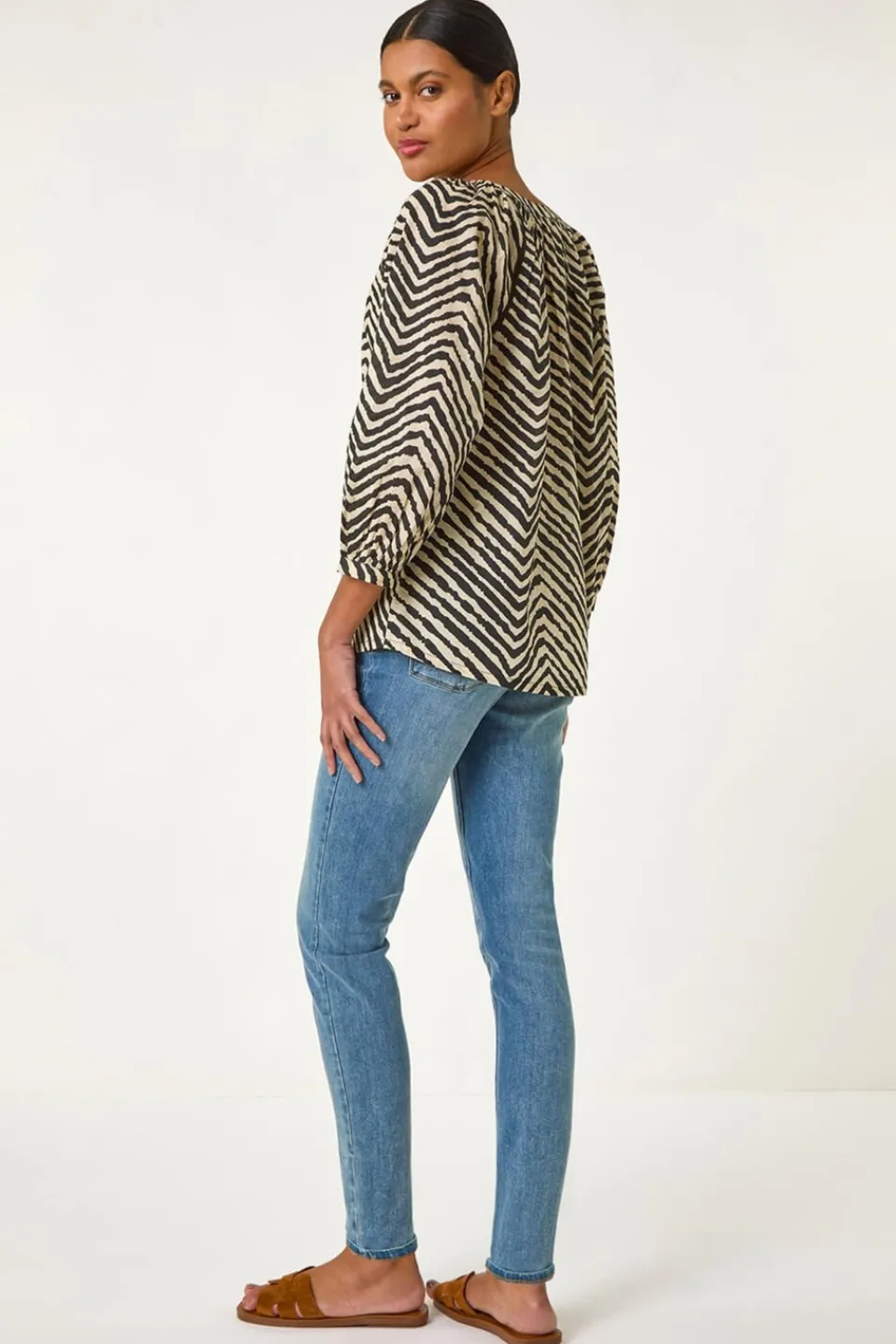Blouses & Shirts>Roman Black Linear Print V-Neck Blouse