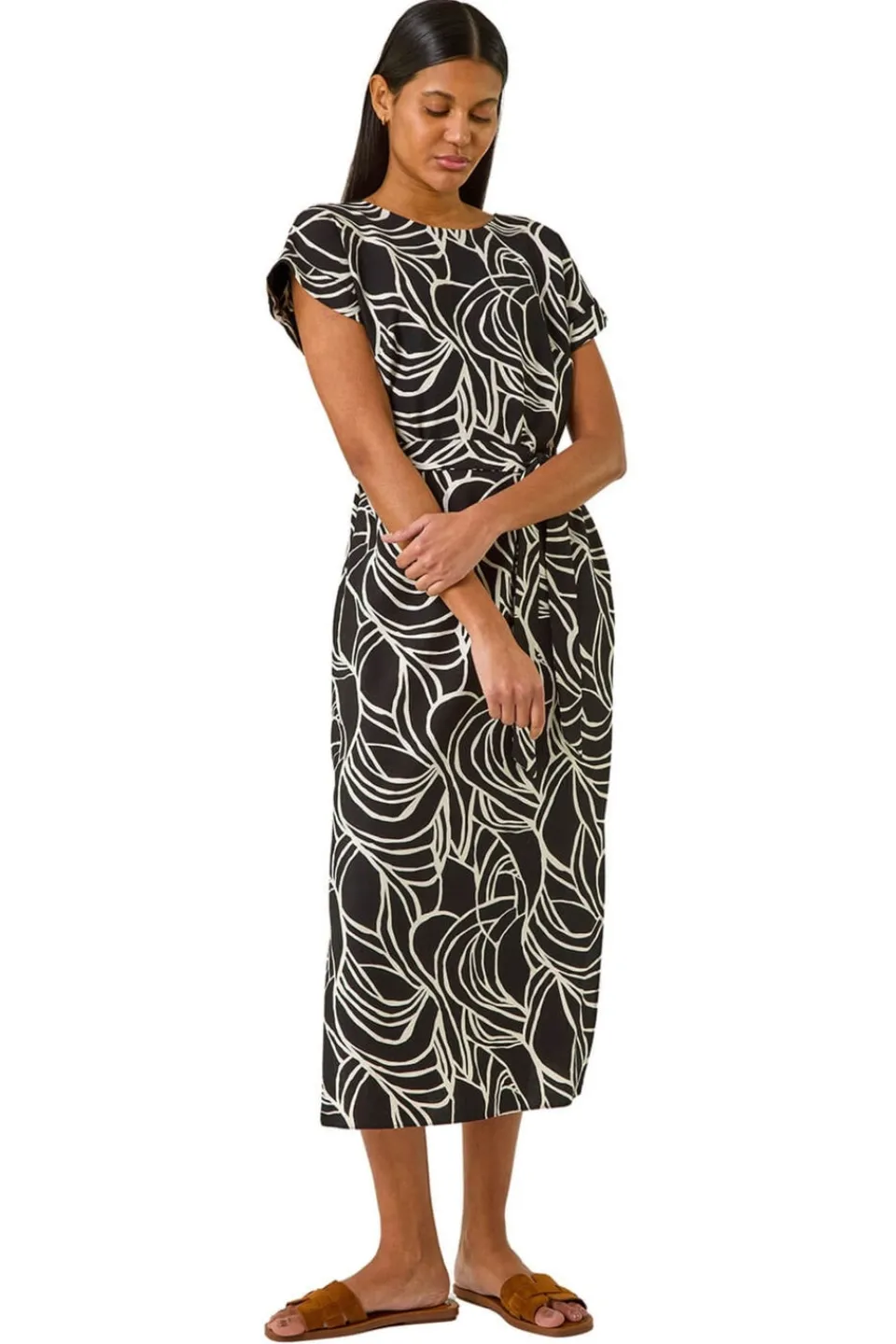 Dresses>Roman Black Linear Textured Midi Dress
