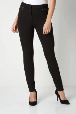 Trousers>Roman Black Long Leg Zip Detail Stretch Trouser