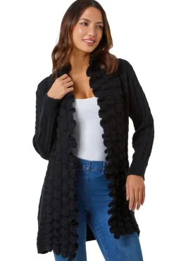 Tops>Roman Black Longline Ruffle Detail Cardigan