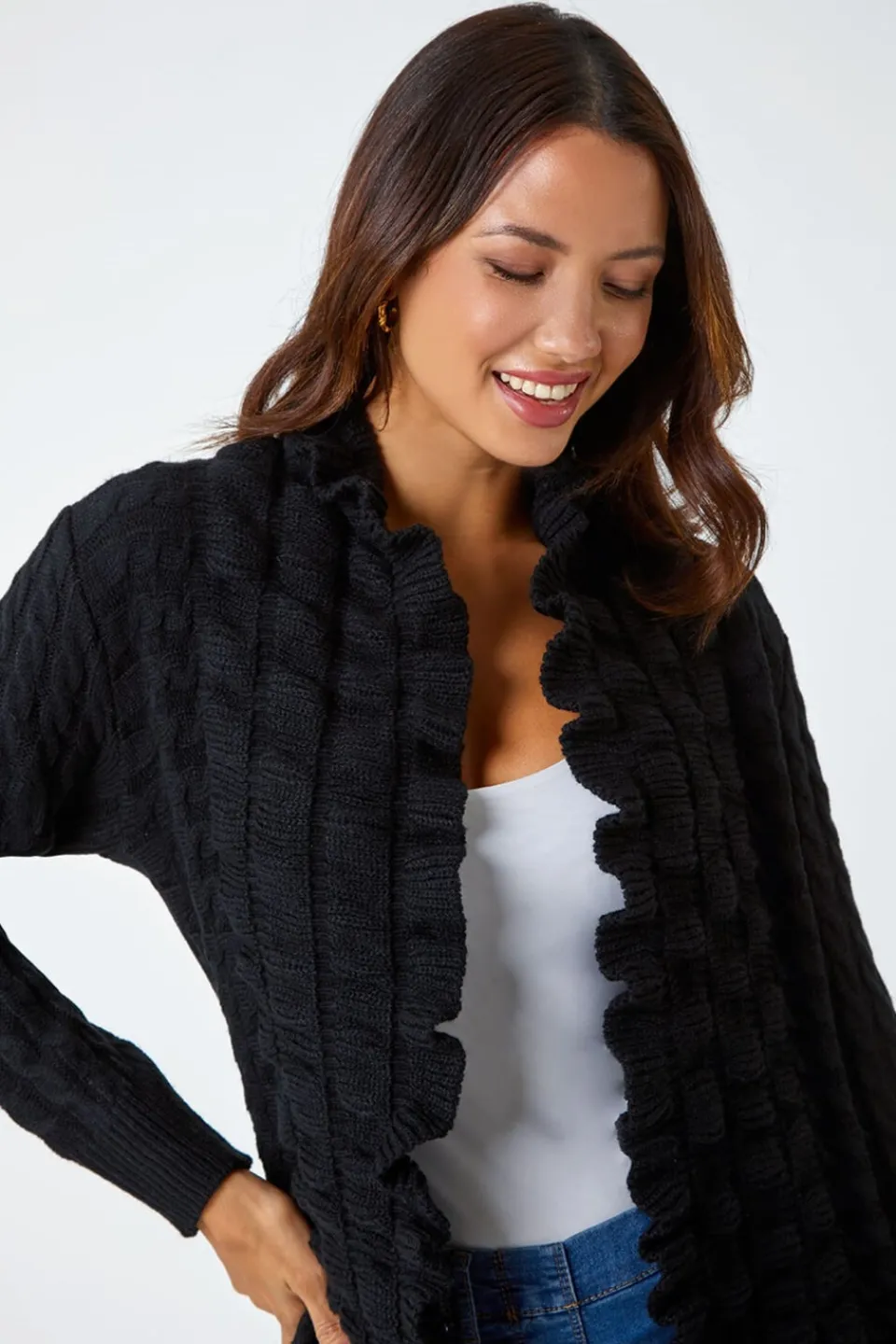 Tops>Roman Black Longline Ruffle Detail Cardigan