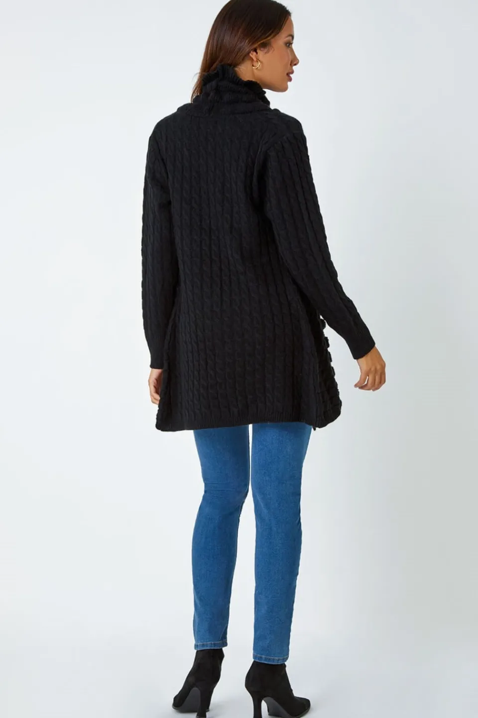 Tops>Roman Black Longline Ruffle Detail Cardigan