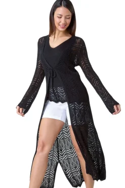Tops>Roman Black Longline Tie Cotton Blend Knit Cardigan
