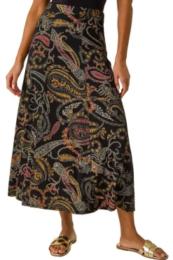 Skirts>Roman Black Modern Paisley Print Midi Stretch Skirt