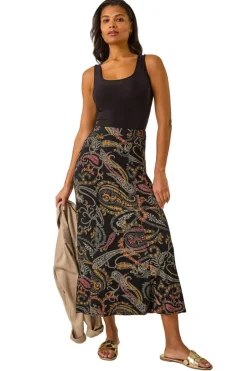 Skirts>Roman Black Modern Paisley Print Midi Stretch Skirt