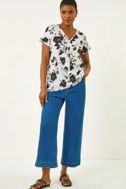Tops>Roman Black Mono Floral Print Pleat Front Top