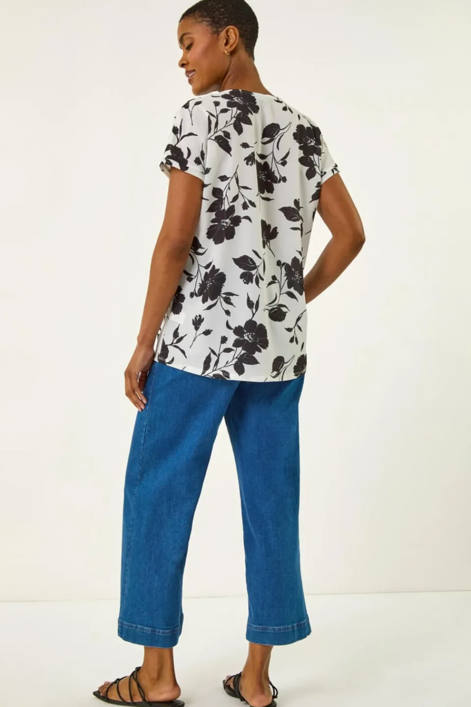 Tops>Roman Black Mono Floral Print Pleat Front Top