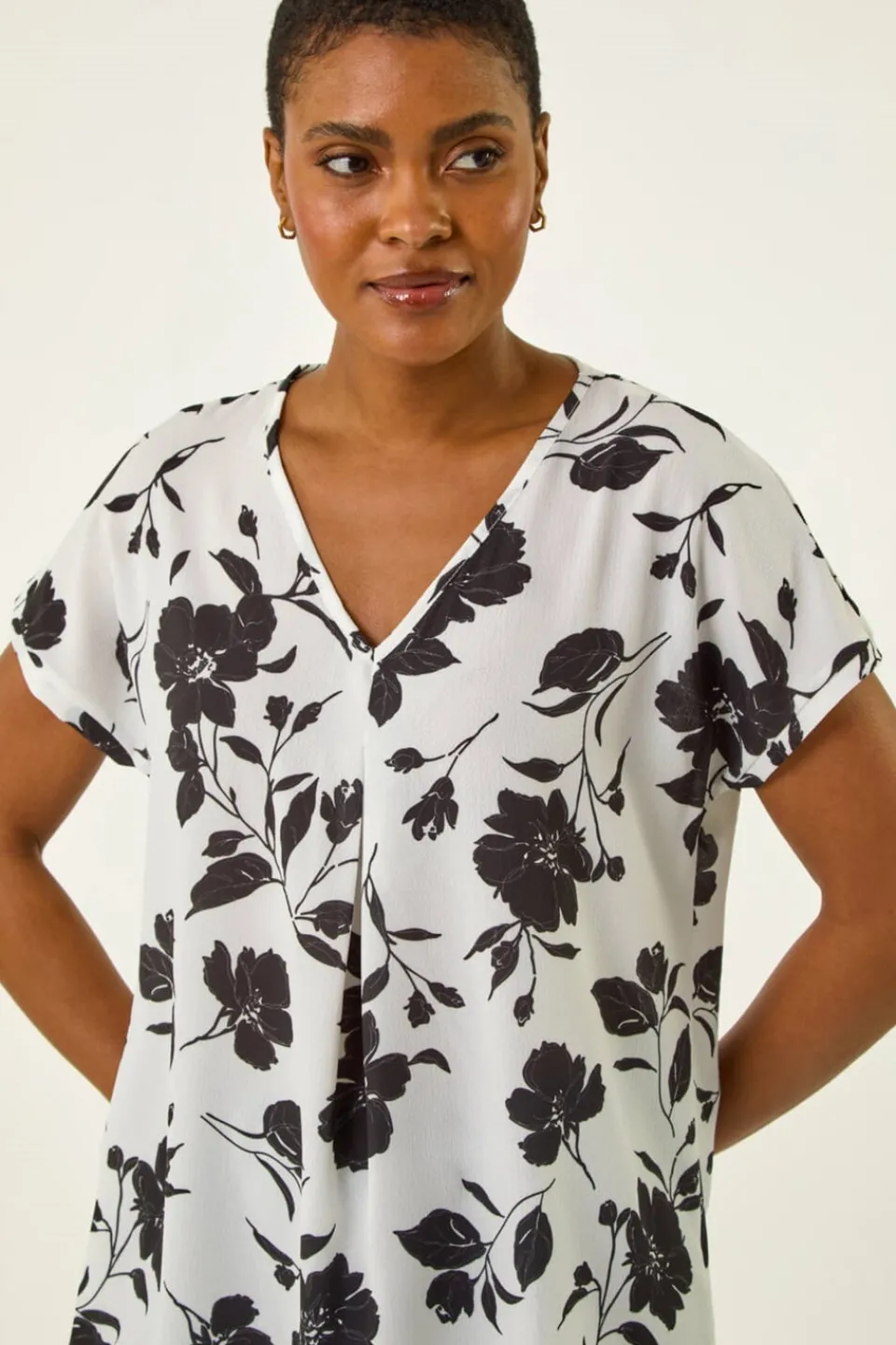 Tops>Roman Black Mono Floral Print Pleat Front Top