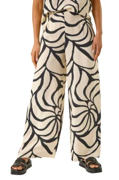 Trousers>Roman Black Mono Floral Palm Print Wide Leg Trouser