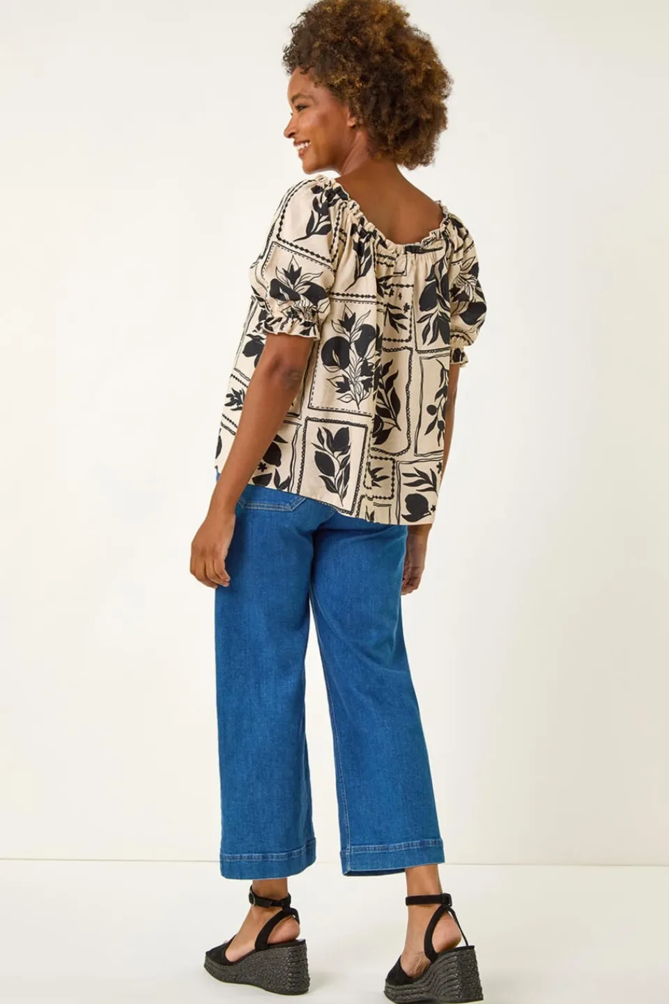 Tops>Roman Black Mono Print Bardot Top
