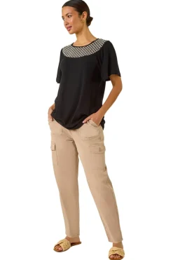 T-Shirts>Roman Black Mono Print Crochet Neck Top