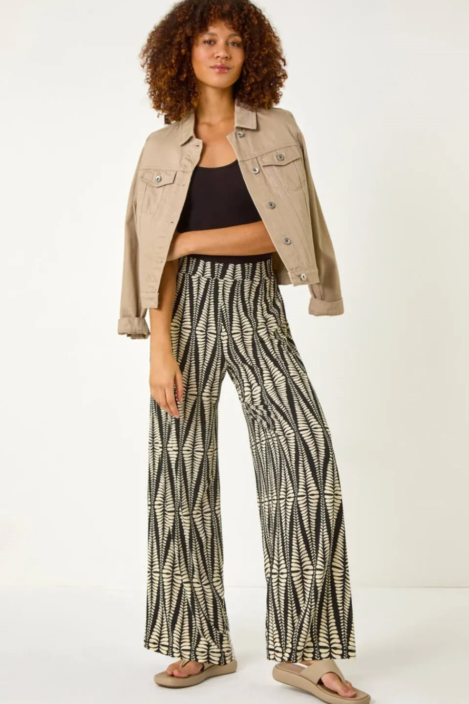 Trousers>Roman Black Mono Print Wide Leg Stretch Trouser