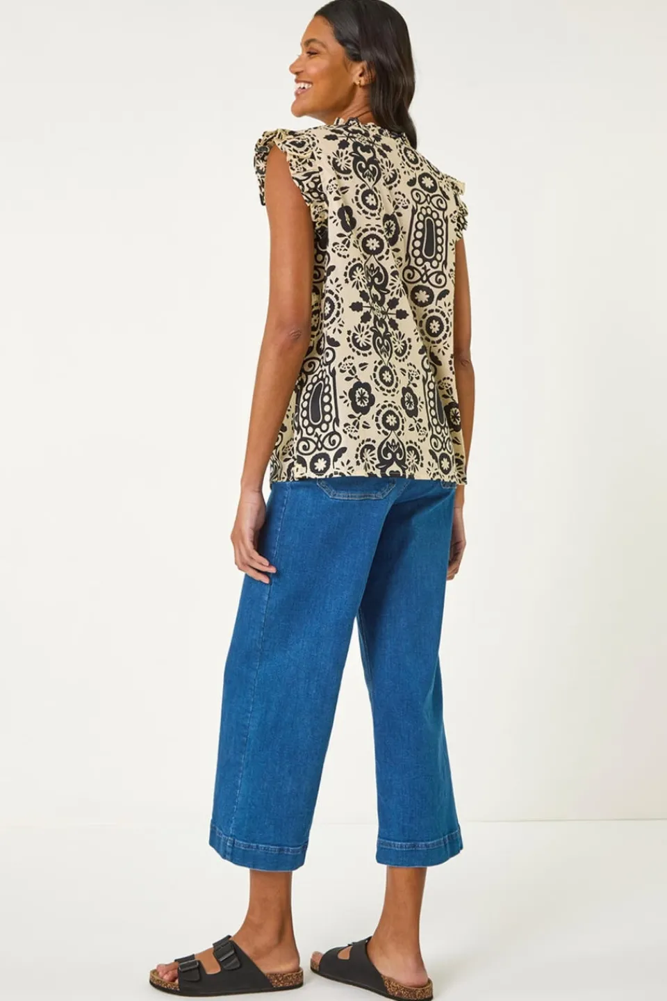 Tops>Roman Black Mono Printed Frill Sleeve Top