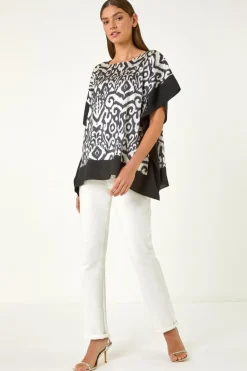 Tops>Roman Black Mono Printed Tunic Top